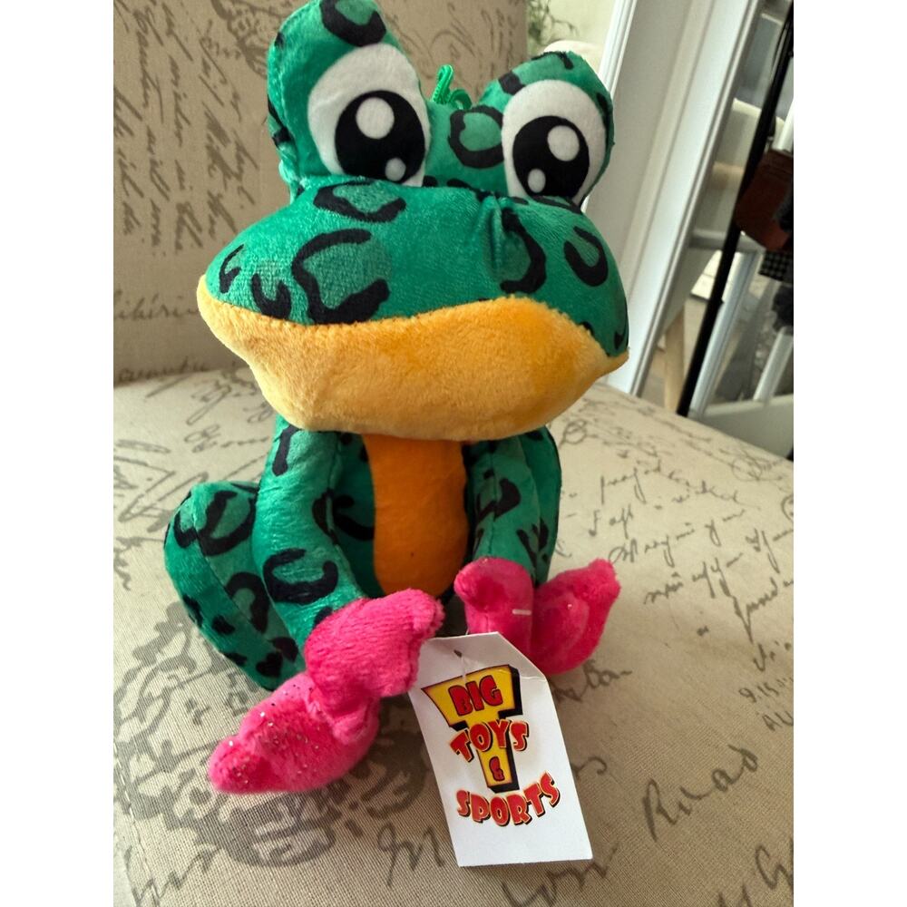 Big Toys & Sports Plush Frog Stuffed Animal – Green Leopard Print w/ Pink Feet
